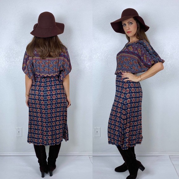 vintage 70s Wide Sleeve FLORAL PRINT Boho DRESS Small peasant dolman sleeve midi - Picture 10 of 10